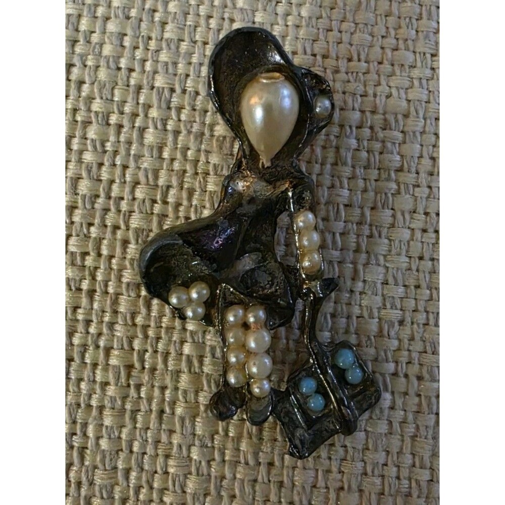 Vintage Figural Brooch Woman Bonnet Pearl Face Basket Blue Stones Pin 1.25"